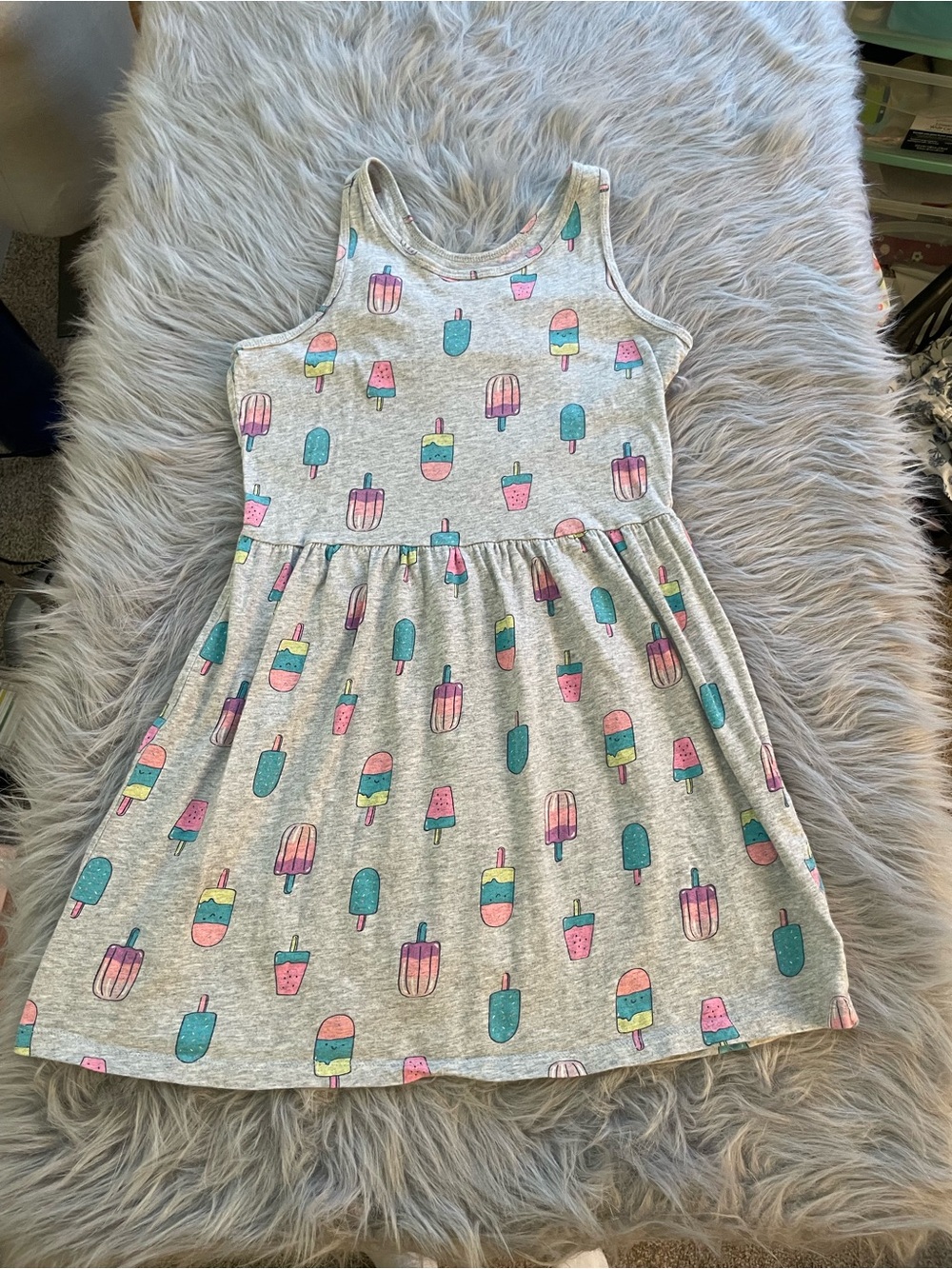 🛒Carter’s Girls' Gray Ice Cream Print Tank Dress - Pink & Teal